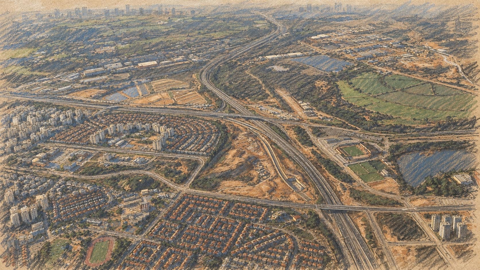 Courtroom-sketch editorial illustration of an aerial cityscape of Rishon LeZion, with residential neighborhoods, a highway interchange and green playing fields; archival January 2026 city context, not HaBeer Mall or its October 4 family show.
