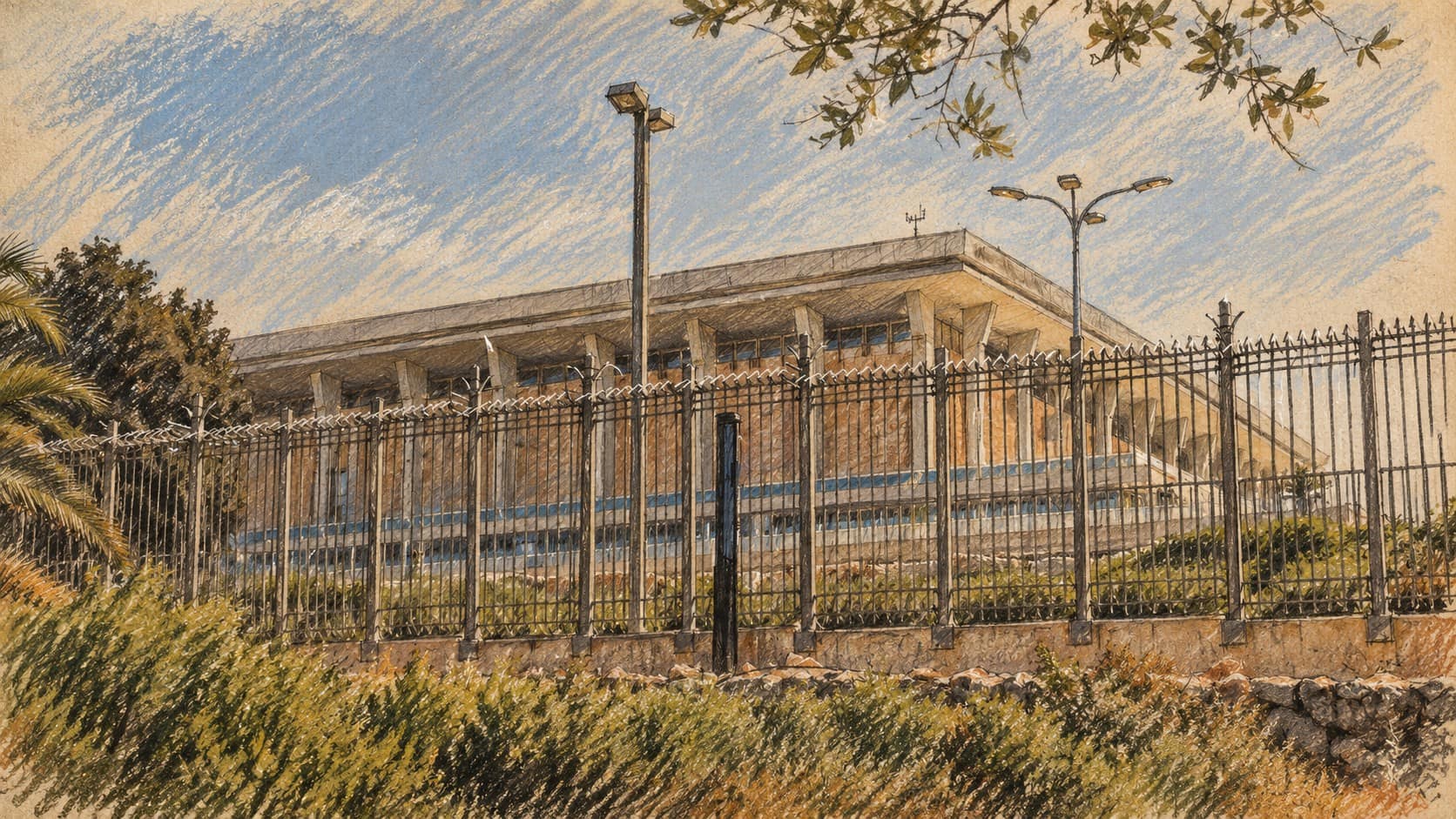 Courtroom-sketch editorial illustration of the empty Knesset building in Jerusalem behind its perimeter fence; archival institutional context, not the October 2026 election poll.