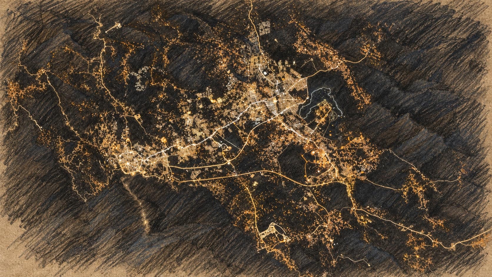 Courtroom-sketch editorial illustration of archival December 2024 city lights and roads around Abha, Khamis Mushait and Ahad Rafidah, adapted from a NASA photograph in warm ochre and slate-blue pastel strokes; AI-generated geographic context, not a depiction of the October 2026 missile-debris incident.