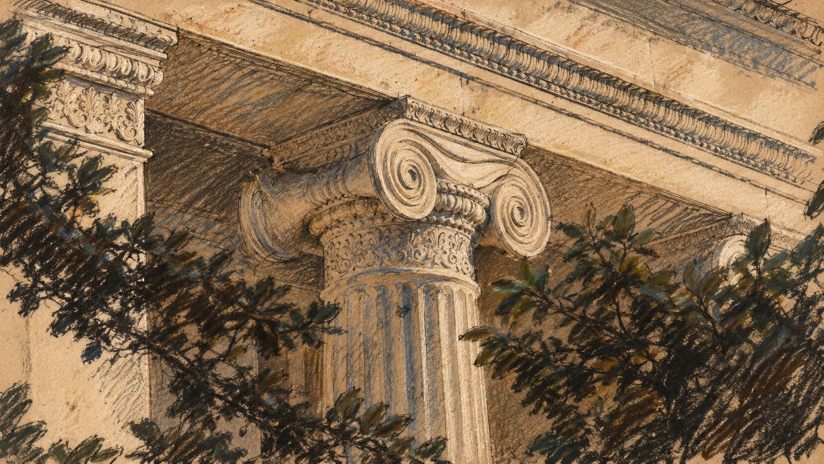 Courtroom-sketch editorial illustration of pale stone Ionic columns and ornamented entablature behind leafy branches at U.S. Treasury headquarters; archival institutional context, not the sanctioned people or charities or the October 2026 decision.