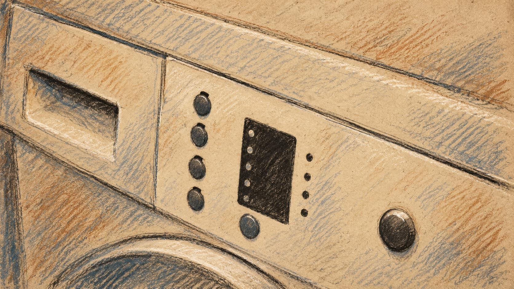 Courtroom-sketch editorial illustration of an archival washing-machine control panel with round buttons, a dark indicator panel, a recessed drawer and part of the door rim. Generic appliance context from a 2015 photograph in Olsztyn, Poland; it does not depict Dreame products, the planned Israeli launch or Tel Aviv showroom.
