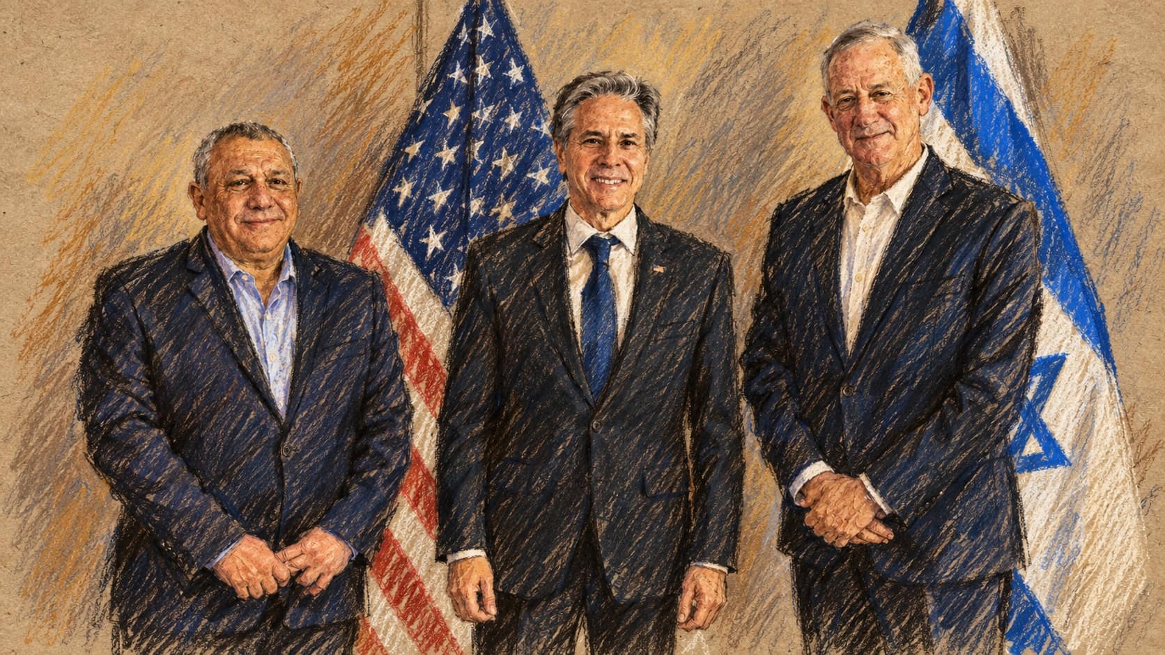 Courtroom-sketch editorial illustration of Gadi Eisenkot at left, Antony Blinken at center and Benny Gantz at right in civilian suits with U.S. and Israeli flags; archival February 2024 Tel Aviv meeting context, not the October 2026 Jaffa exhibition encounter.