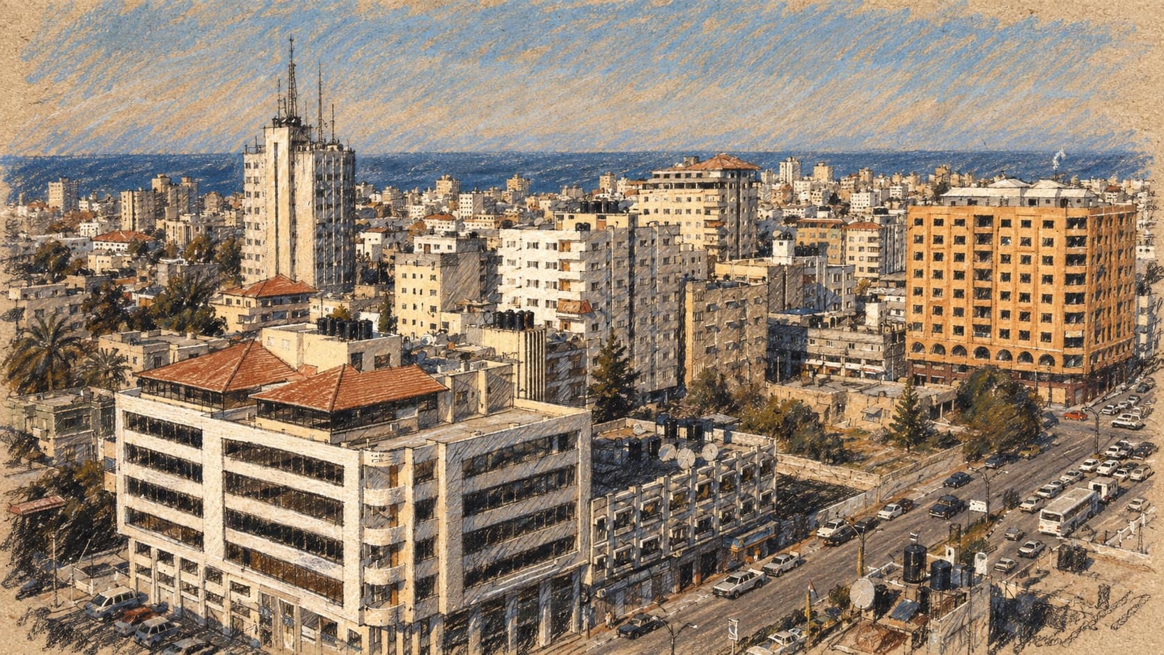 Courtroom-sketch editorial illustration of an archival 2007 Gaza City panorama, with a white red-roofed foreground building, dense midrise skyline, an orange building beside a diagonal road and the Mediterranean horizon; geographic context, not the reported strike.