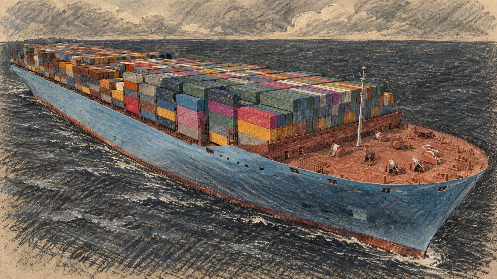 Courtroom-sketch editorial illustration of a blue-hulled container ship with a red foredeck and stacked cargo containers on dark water; generic maritime transport context adapted from a 2025 rendered ship concept, not an Iranian shipment, WMD cargo or a Proliferation Security Initiative interdiction.
