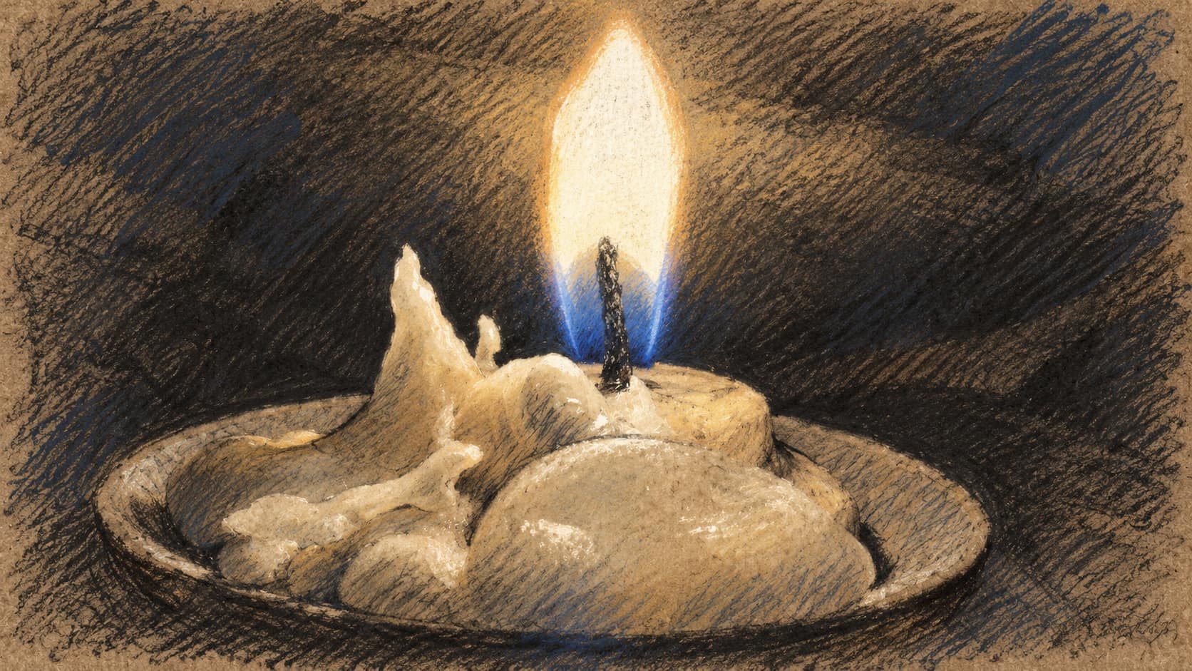 Courtroom-sketch editorial illustration of a burning white candle with melted wax in a shallow round holder against a dark background. Archival May 2024 candle context for remembrance; does not depict the October 2026 ministry disclosure, a specific Israeli memorial ceremony, a casualty or a bereaved family.