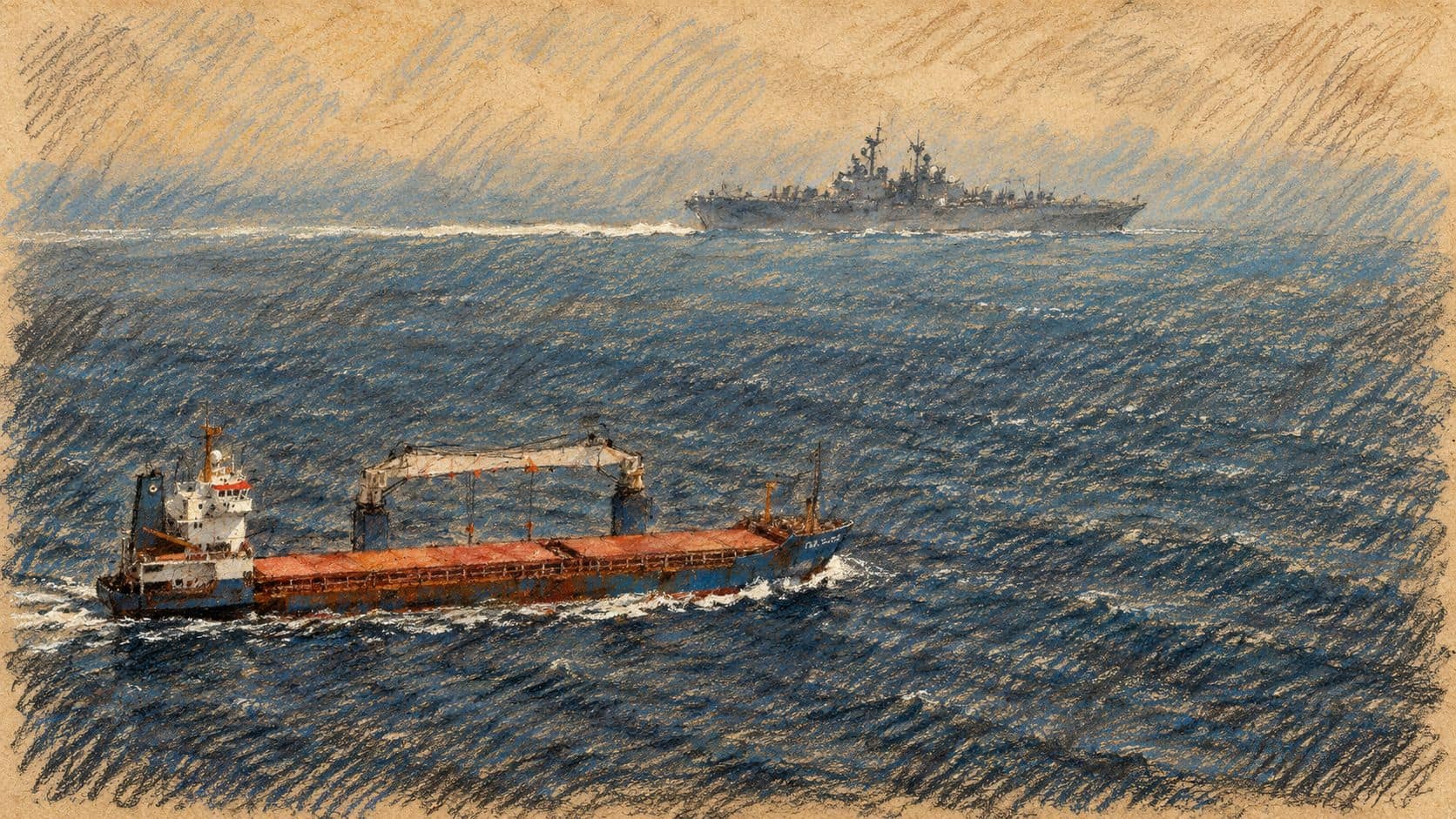 Courtroom-sketch editorial illustration of a merchant cargo ship in the Strait of Hormuz with a distant naval vessel on the horizon, based on an archival July 2004 photograph; contextual waterway scene.