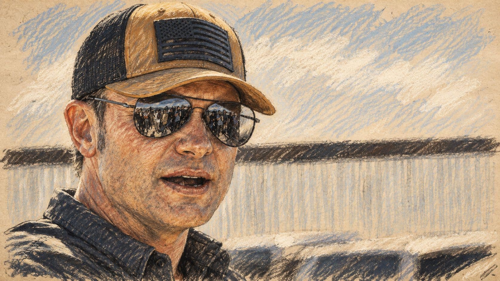 Courtroom-sketch editorial illustration of Pete Hegseth in a tan cap with a plain American flag and aviator sunglasses against a pale corrugated wall. Archival February 3, 2025 El Paso actor context only; does not depict the October 3, 2026 Air Force Academy press availability or Iran operations.