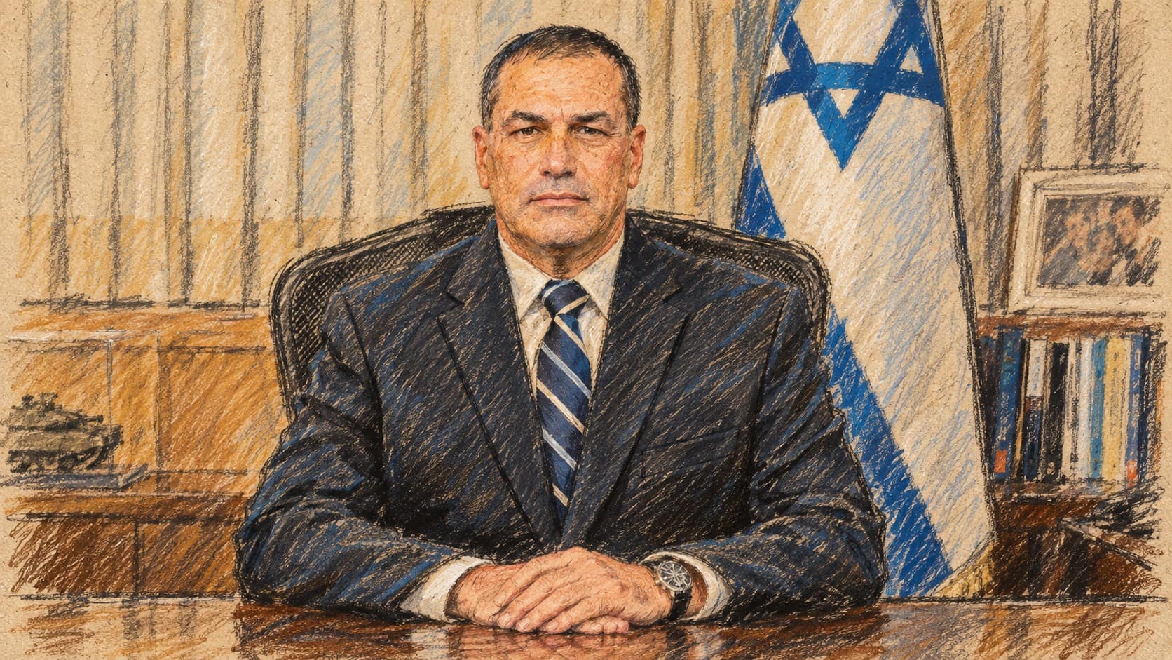 Courtroom-sketch editorial illustration of Eyal Zamir seated alone behind an office desk in a dark civilian suit, with folded hands and an Israeli flag beside him; based on an archival 2022 portrait for context, not the October 2026 commanders conference.
