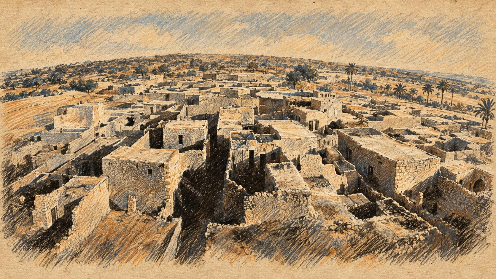 Courtroom-sketch editorial illustration of an archival July 1917 elevated view of Khan Younis rooftops and fields, providing geographic context; it does not depict the current strike or the named individuals.