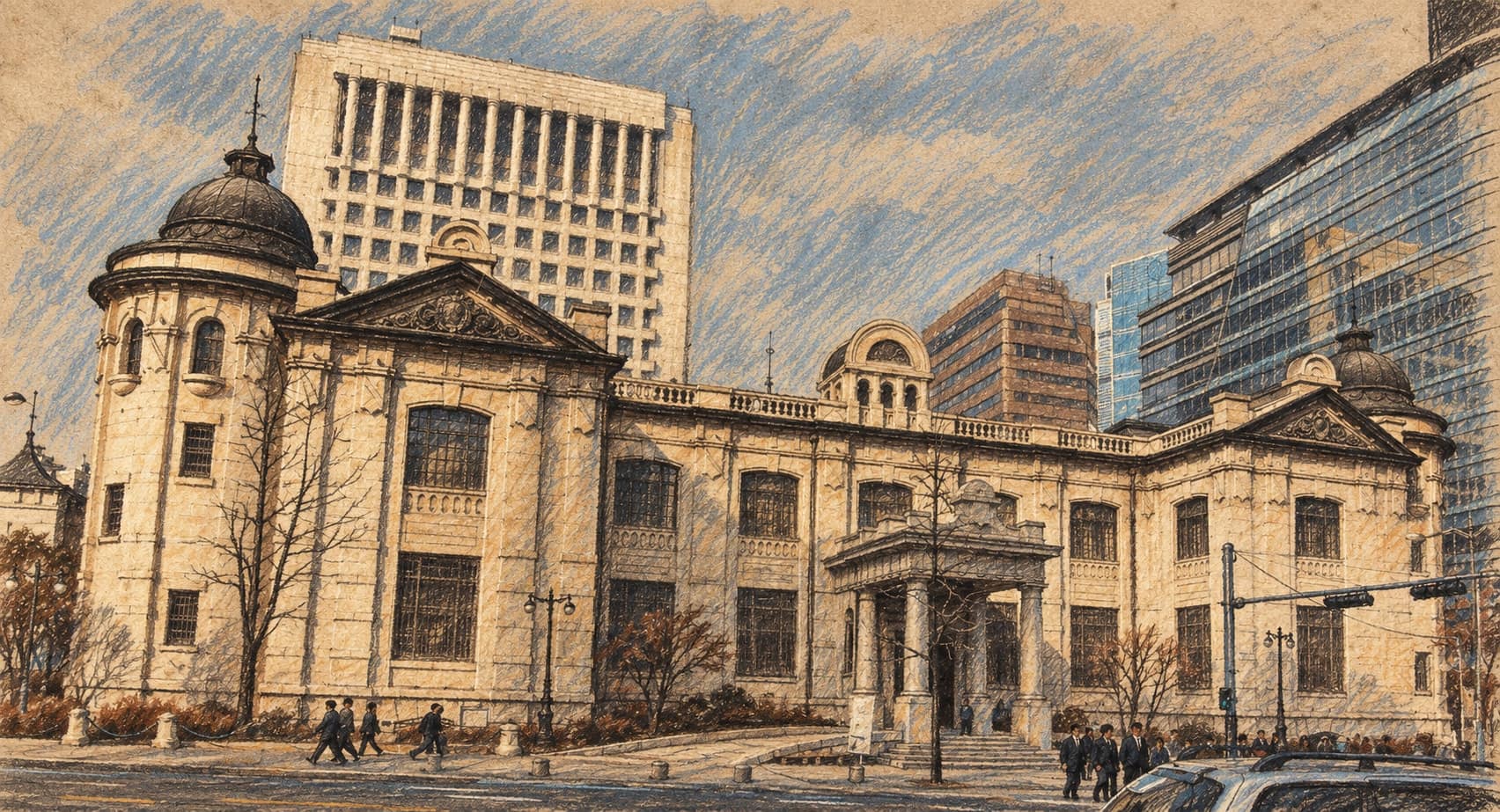 Courtroom-sketch editorial illustration of an archival January 2007 exterior view of the Bank of Korea Museum in Seoul, with its domed stone facade, office buildings, bare trees and pedestrians; financial institutional context, not a depiction of the October 2026 data leaks or an indication that the museum or Bank of Korea suffered a leak, rendered in warm ochre and slate-blue pastel strokes.