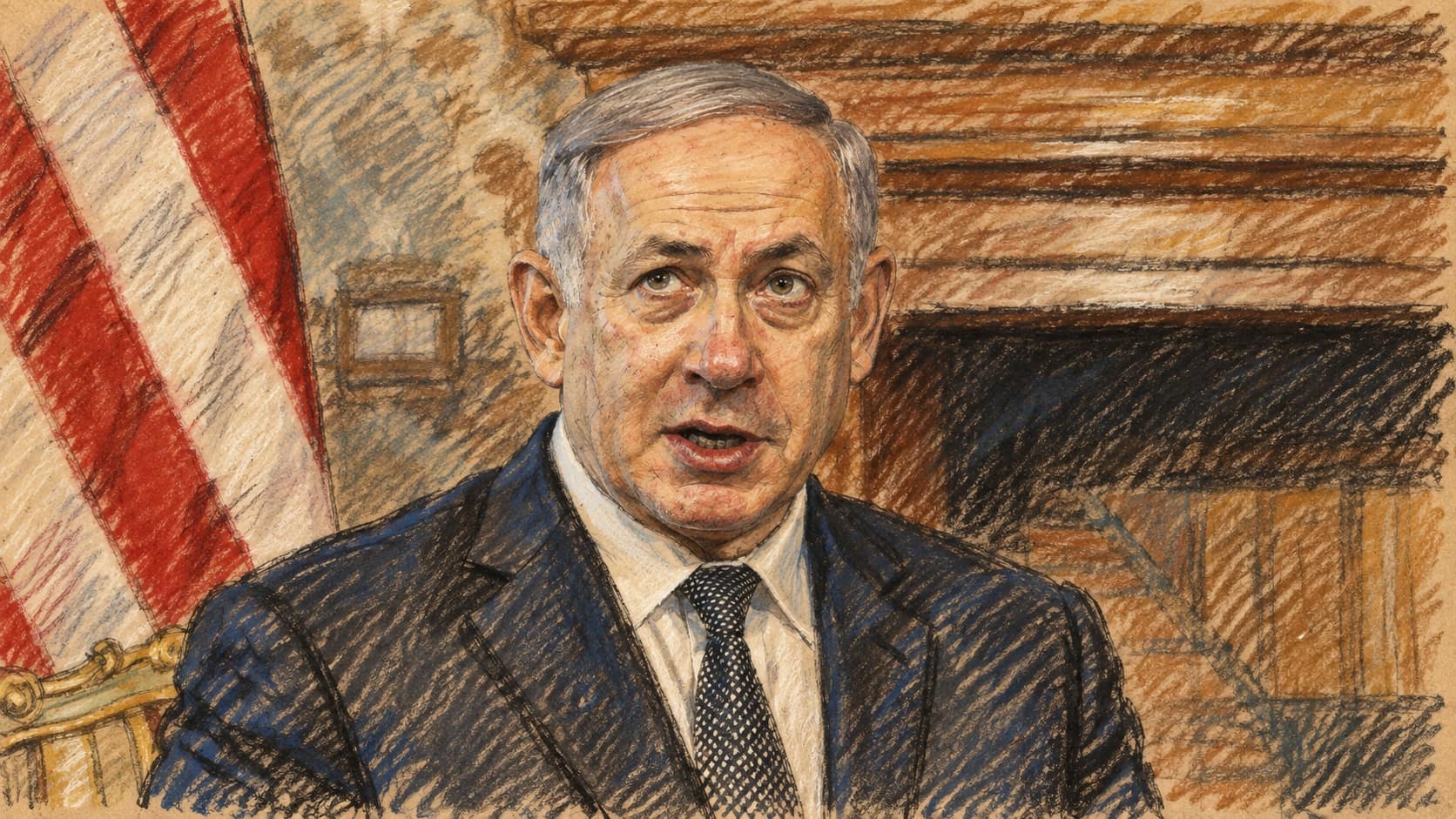 Courtroom-sketch editorial illustration based on an archival June 2016 portrait of Benjamin Netanyahu addressing reporters in Rome, with a striped national flag at left and a fireplace behind him; contextual portrait, not the October 2026 Ashdod naval-base visit.