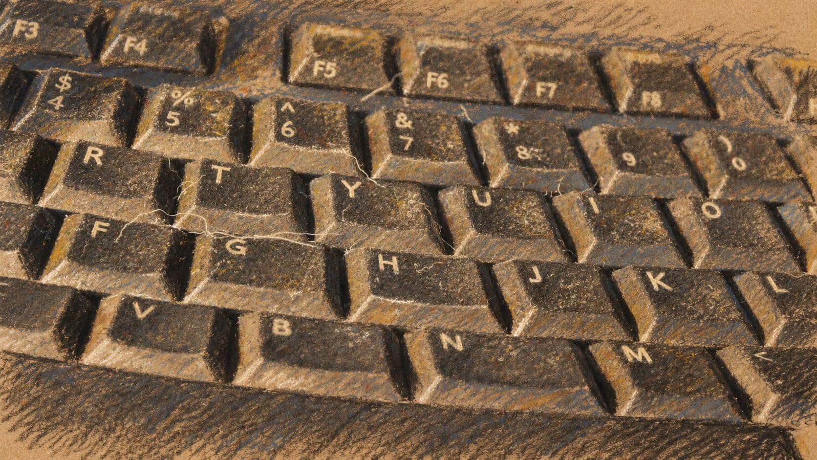 Courtroom-sketch editorial illustration of an archival generic black computer keyboard close-up; technology context, not OpenWeb offices, Ehud Gindes, an Israeli courtroom, or the reported event.