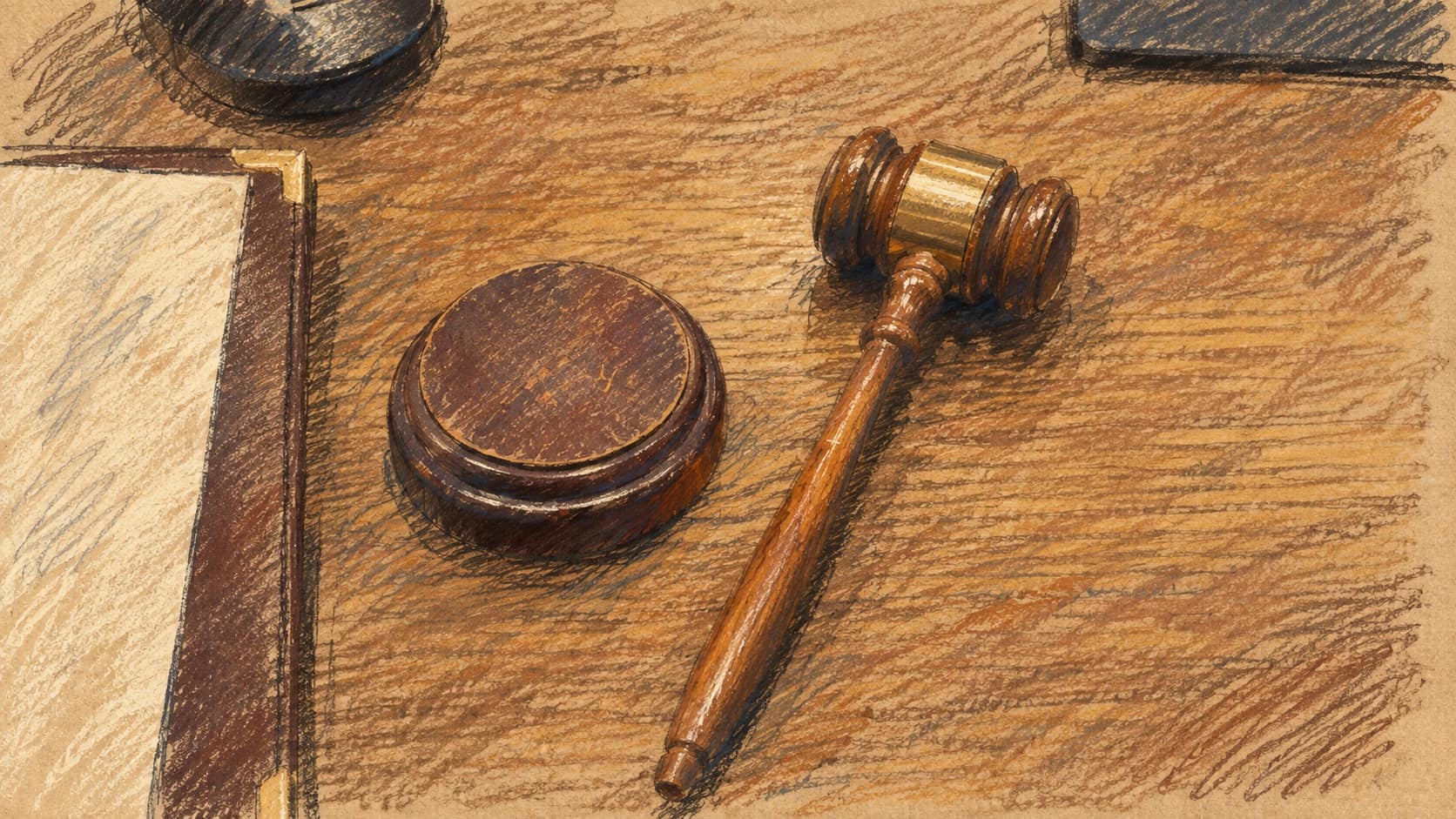 Courtroom-sketch editorial illustration of a wooden gavel, round sound block and papers on a wooden desk. Archival generic judicial-object context; does not depict the Netanyahu trial, its judges, hearing or investigation document.
