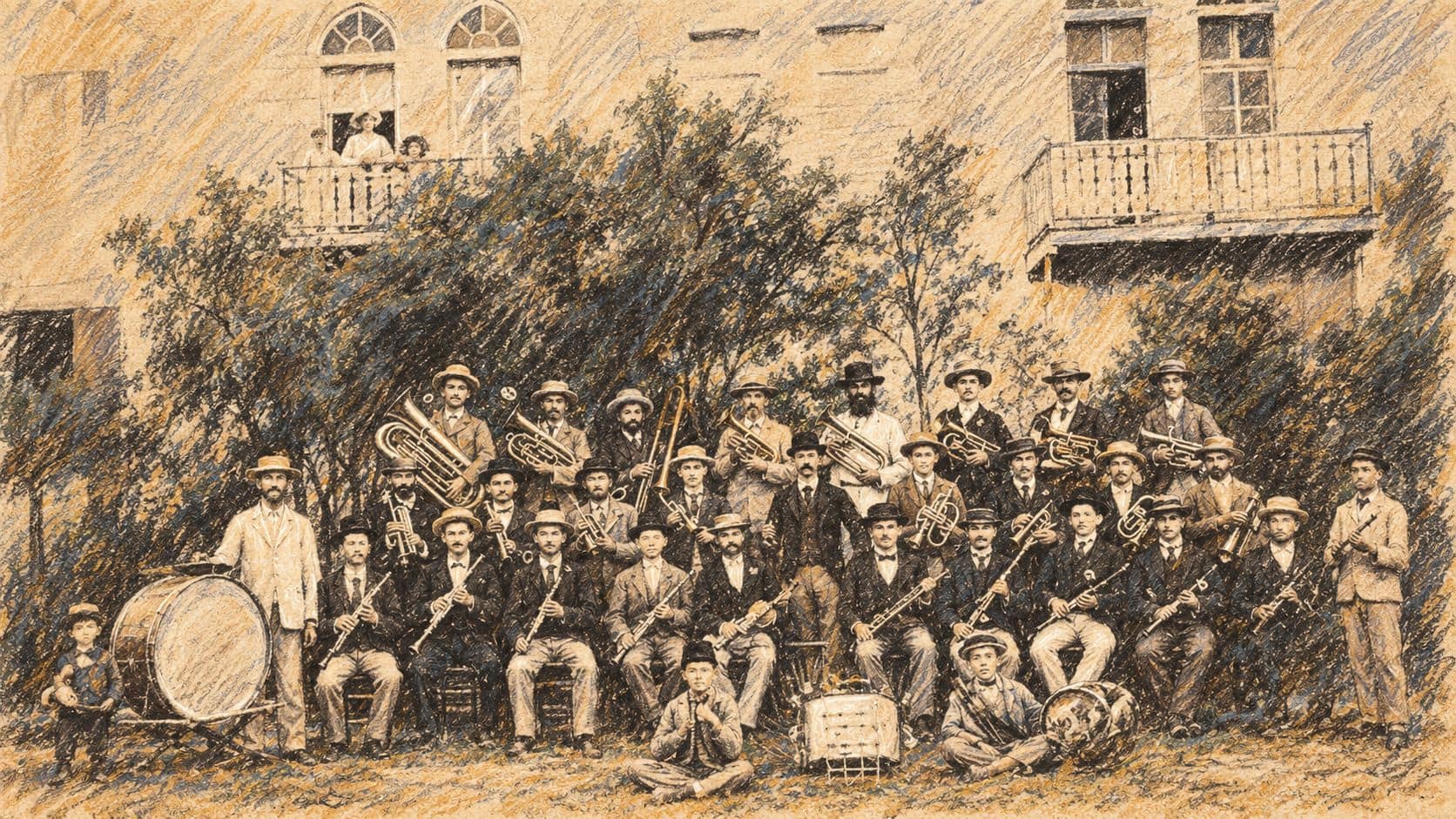 Courtroom-sketch editorial illustration of Rishon LeZion orchestra musicians in nineteenth-century civilian clothing holding brass and wind instruments beside a large bass drum, with trees and a pale building behind them. Archival city music context from a photograph published in 1899; does not depict TOX, the October 2026 shows or their performers.