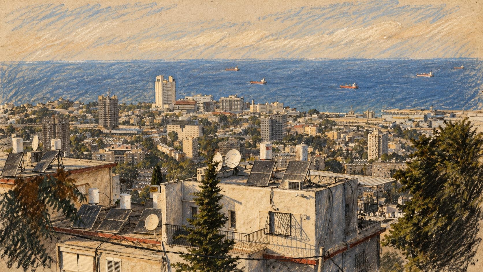 Courtroom-sketch editorial illustration of Haifa apartment rooftops, city buildings and the Mediterranean Sea. Archival August 2015 Haifa city context only; does not depict Yoseph Haddad, his interview, the 2021 unrest or his October 2026 statement.