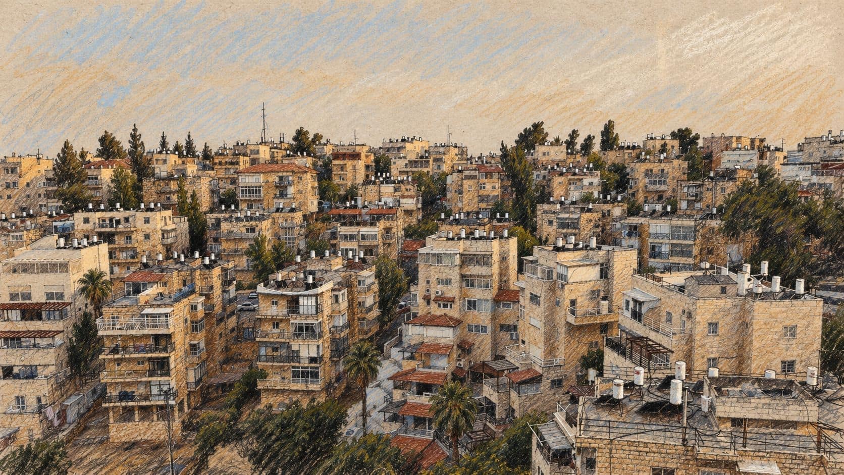 Courtroom-sketch editorial illustration of archival Jerusalem apartment buildings, balconies and rooftop water heaters; contextual Israeli housing scene, not a screenshot of the apartment comparison tool or its launch.