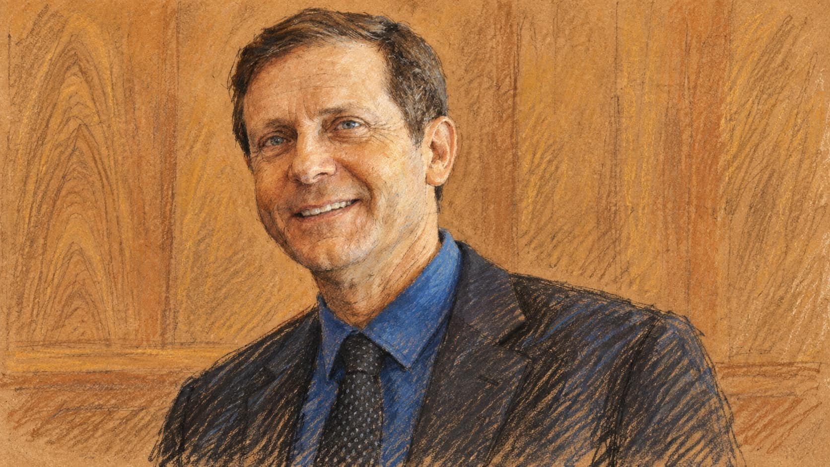 Courtroom-sketch editorial illustration of an archival January 2014 portrait of Isaac Herzog alone in a dark suit and blue shirt against a wood-paneled wall, used as contextual subject imagery.