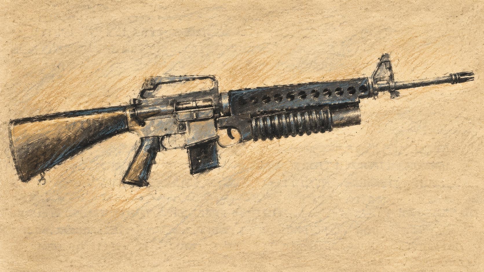 Courtroom-sketch editorial illustration of an archival U.S. Army M16A1 rifle fitted with an M203 grenade launcher against a plain background; contextual weapon imagery that does not depict the training incident or identify its weapon model.