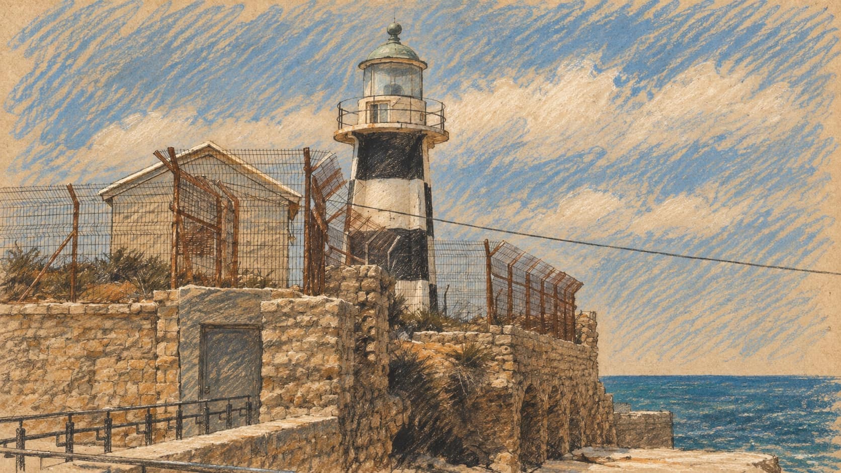 Courtroom-sketch editorial illustration of Acre lighthouse and stone seawall, adapted from an archival 2009 photograph for geographic context.