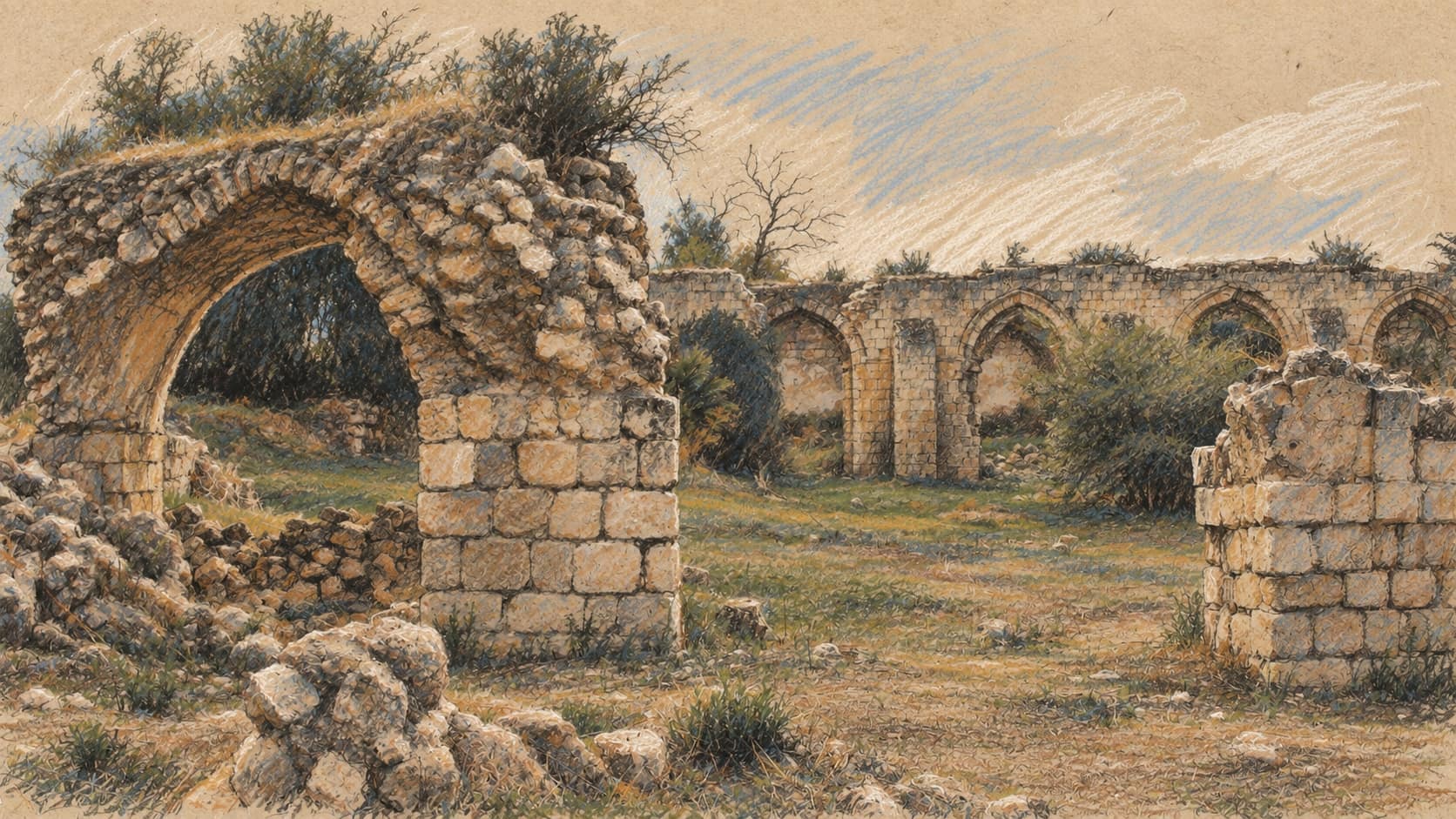 Courtroom-sketch editorial illustration of ancient water-reservoir arches beside the White Mosque in Ramla, with stone walls, grass and shrubs. Archival 2006 heritage-tourism context; it does not depict the tourism incubator or workshops.