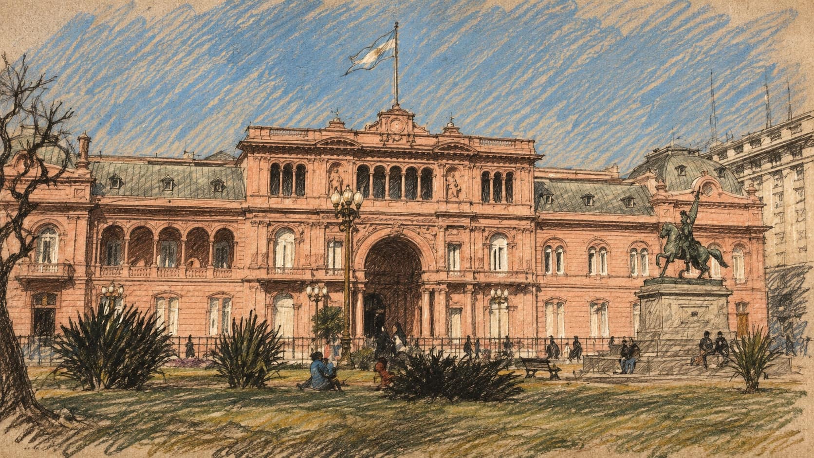 Courtroom-sketch editorial illustration of an archival September 2003 view of Casa Rosada in Buenos Aires, with its central archway, Argentine flag, lawn, streetlamp and equestrian monument; government context for the AySA tender, rendered in warm ochre and slate-blue pastel strokes.