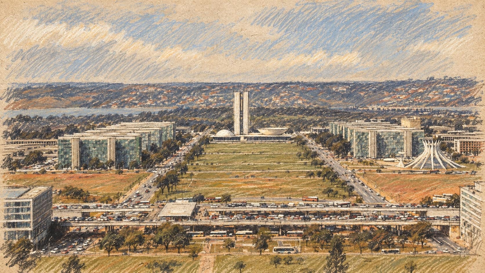 Courtroom-sketch editorial illustration of an archival elevated view down Brasília's ministerial avenue, with government office buildings, a green median and the distant National Congress towers; geographic and institutional context, not a depiction of the October 2026 recruitment call annulment, rendered in warm ochre and slate-blue pastel strokes.