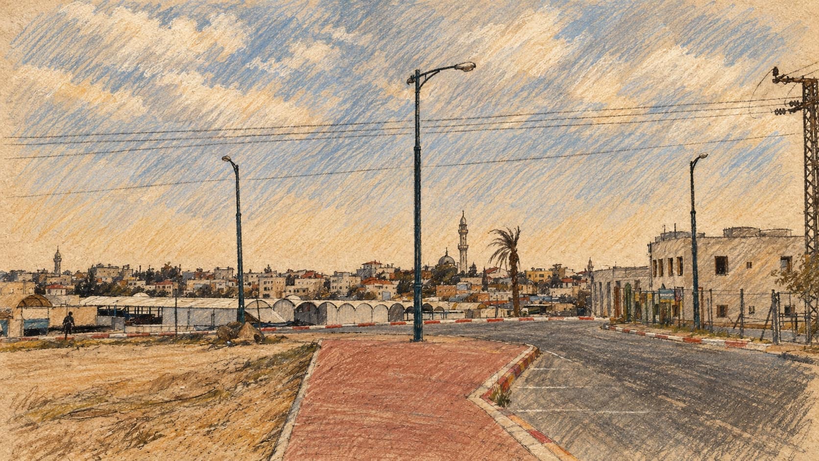 Courtroom-sketch editorial illustration of a street, low buildings and a minaret in Rahat, based on an archival contextual view of the Negev city