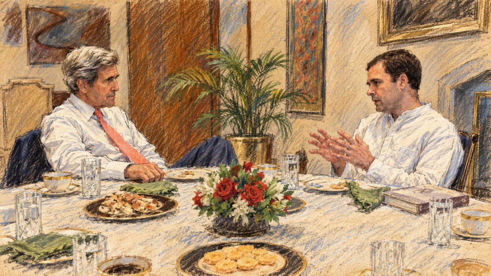 Courtroom-sketch editorial illustration of Rahul Gandhi, right, meeting John Kerry across a dining table in New Delhi in August 2016; archival actor context, not the October 2026 detention, rendered in warm ochre and slate-blue pastel strokes.