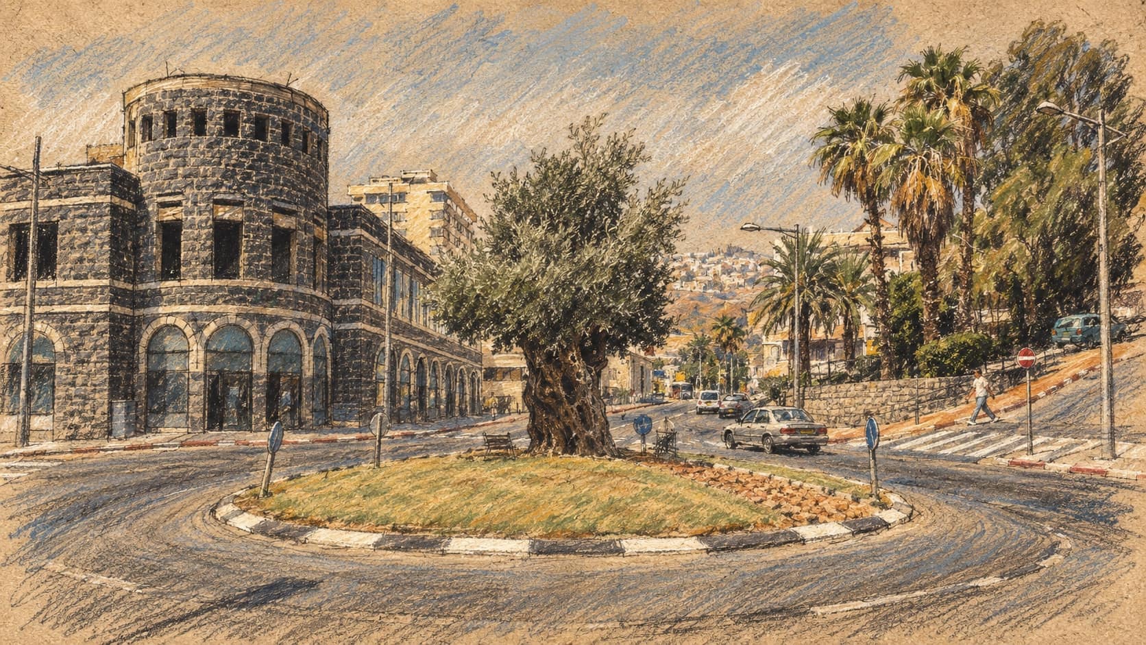 Courtroom-sketch editorial illustration of a Discount Bank building beside an olive-tree roundabout in Tiberias, based on an archival August 2011 photograph; banking context, not a depiction of the merger decision.