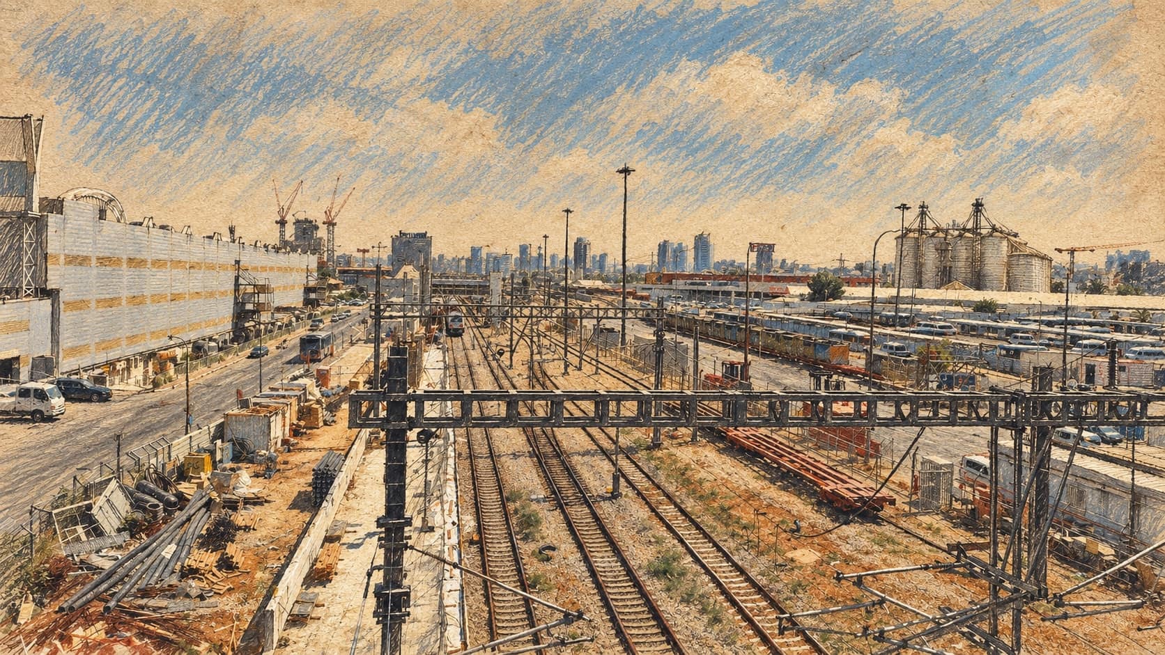 Courtroom-sketch editorial illustration of an archival September 2024 elevated view of Bnei Brak railway station and rail yard, with tracks, overhead electrical gantries, platforms and adjoining buildings; contextual transit view, not the NEXT concerts or announced service changes.