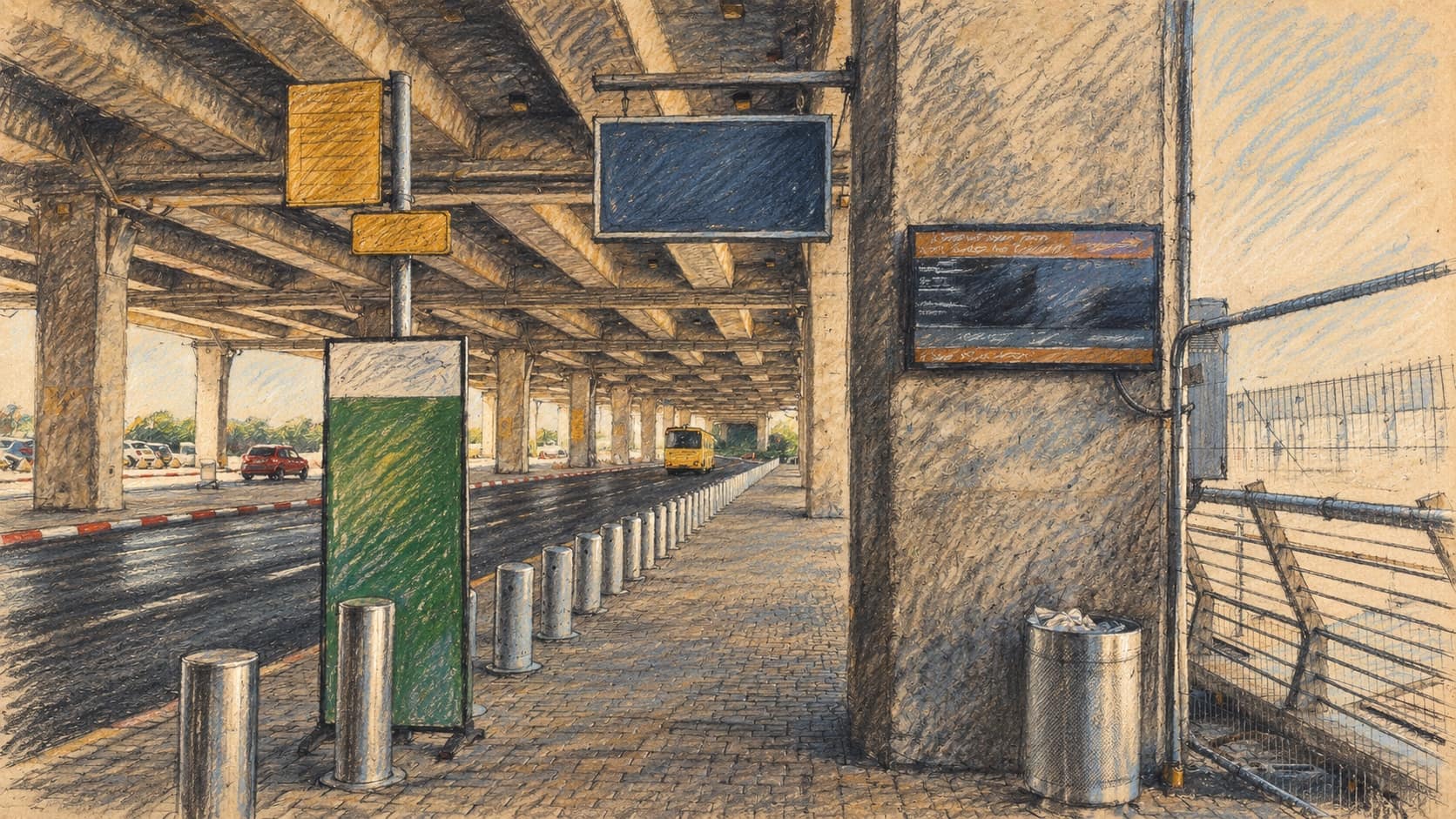 Courtroom-sketch editorial illustration of an empty shuttle stop beneath a concrete canopy at Ben Gurion Airport, with a roadside row of bollards and a large foreground pillar; archival airport context.