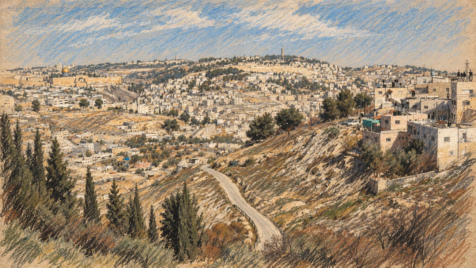 Courtroom-sketch editorial illustration of an archival Jerusalem hillside panorama viewed from Armon Hanatziv Promenade, with pale buildings, a winding valley path and cypress trees; contextual city view, not the car-blast scene.