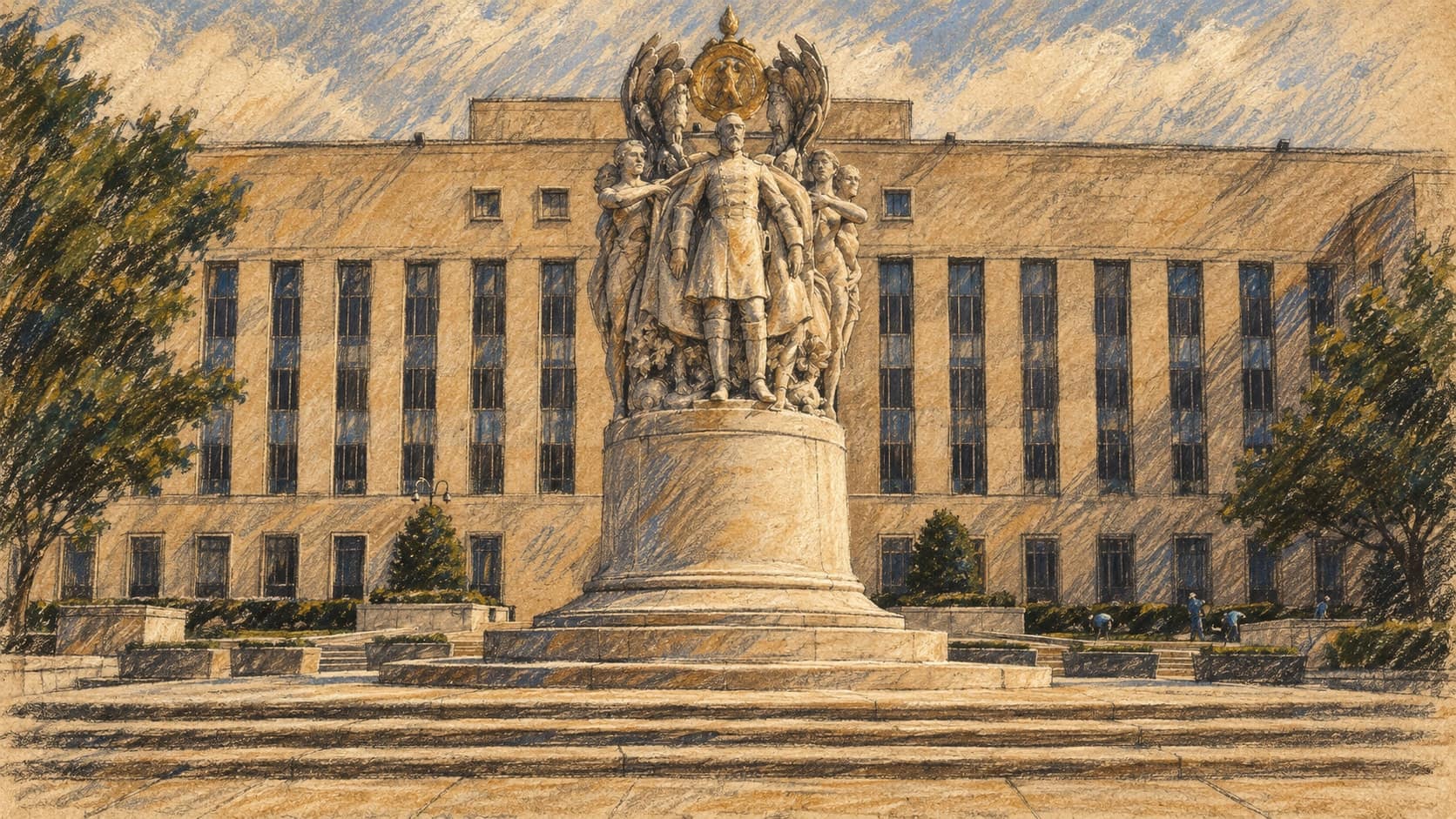 Courtroom-sketch editorial illustration of an archival May 2007 view of the George Meade Memorial in front of the E. Barrett Prettyman Federal Courthouse in Washington, with symmetrical windows, stone steps, trees and cloudy sky; contextual courthouse exterior, not a depiction of the October 2026 hearing, rendered in warm ochre and slate-blue pastel strokes.