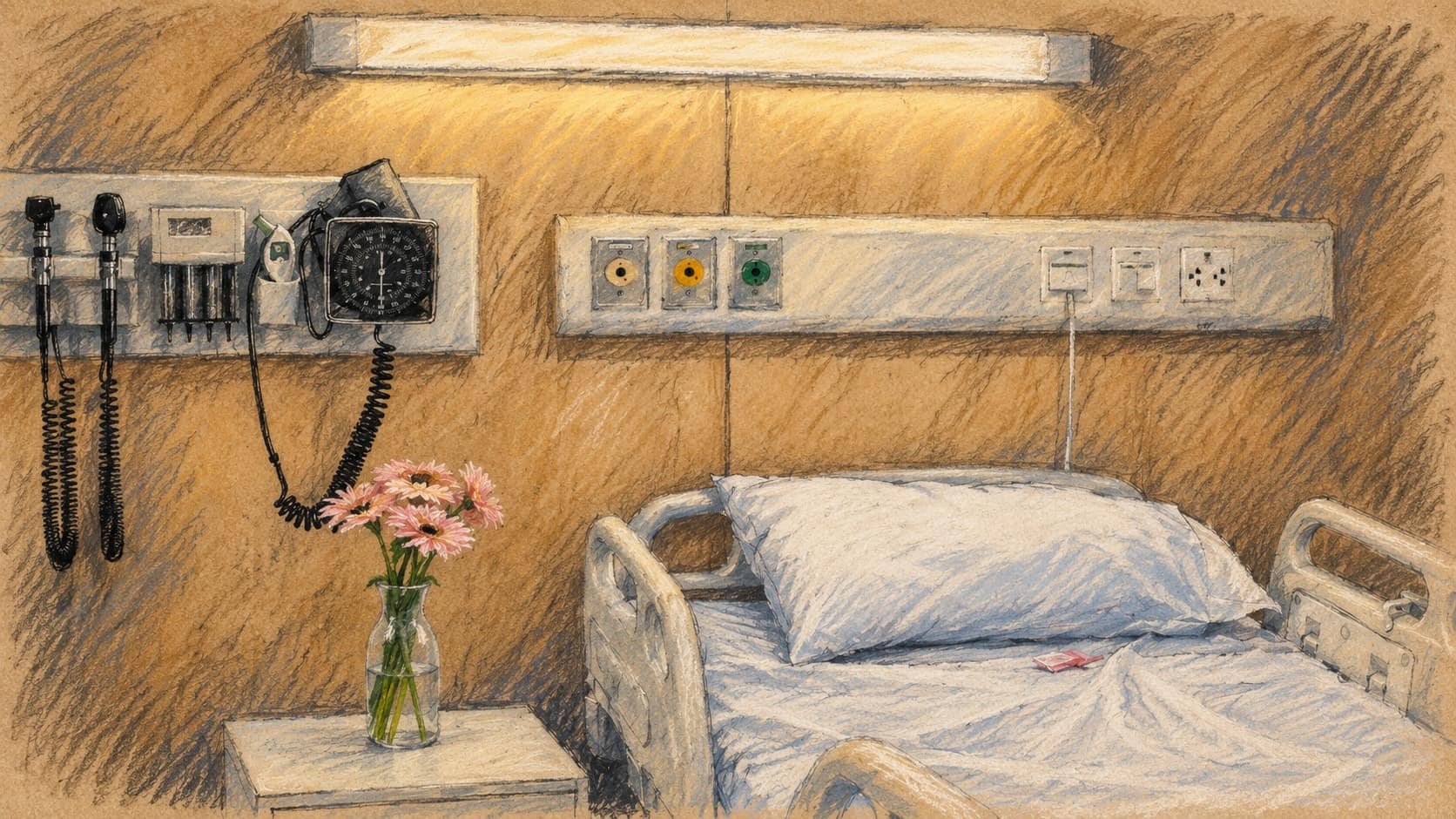 Courtroom-sketch editorial illustration of an unoccupied hospital bed with a white pillow, bedside flowers and wall-mounted medical instruments, adapted from an archival reference photograph as generic healthcare context rather than a depiction of the reported patient or event, rendered in warm ochre and slate-blue pastel strokes.