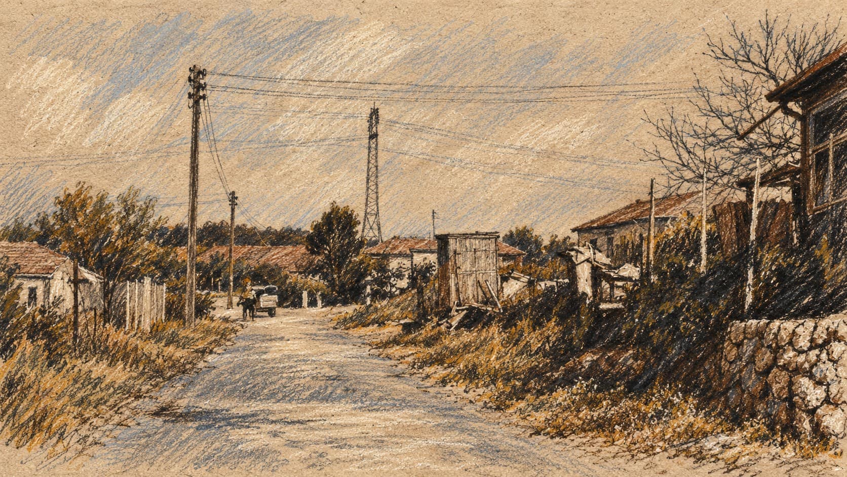 Courtroom-sketch editorial illustration of Bialik Street in Kiryat Ono in 1960, showing a quiet road with low houses, vegetation and utility poles; archival city context for the memorial-art exhibition story.