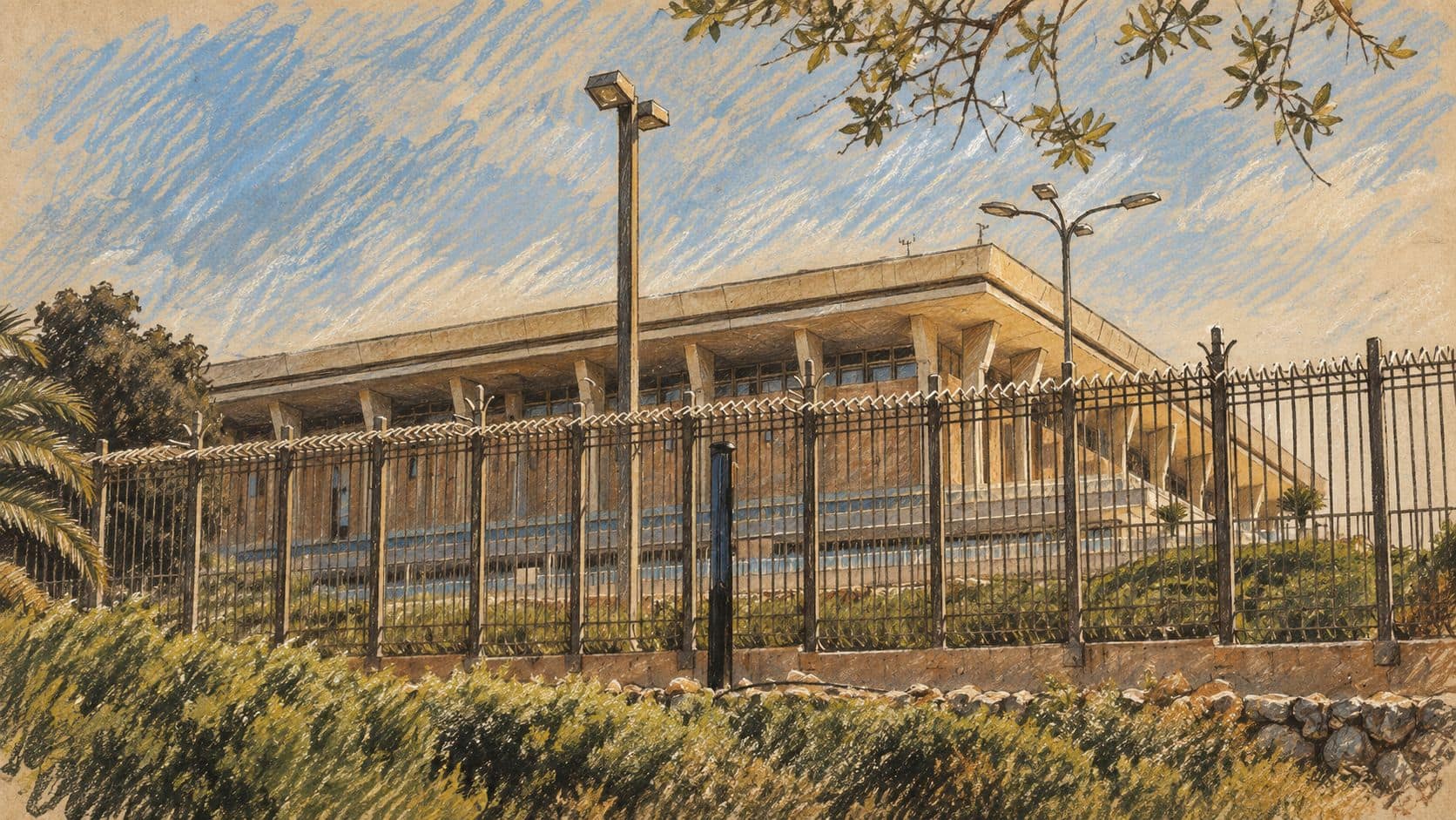 Courtroom-sketch editorial illustration of the Knesset building in Jerusalem behind a fence, based on an archival exterior photograph.