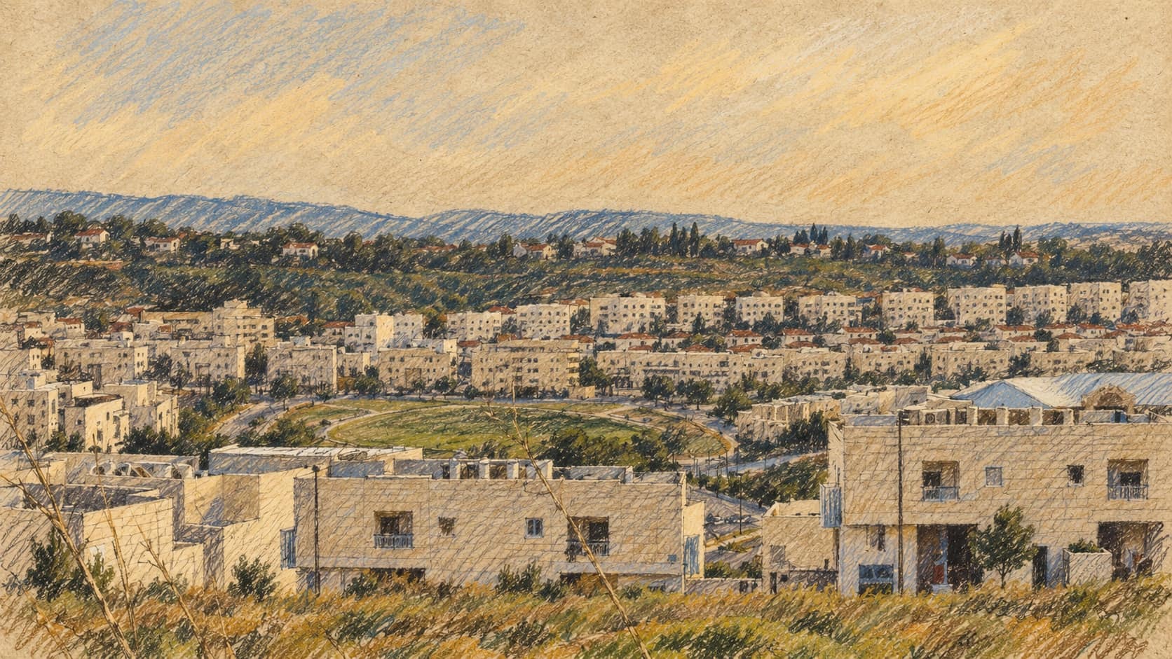 Courtroom-sketch editorial illustration of an archival 2004 residential panorama of Modi’in and Re’ut, with pale stone homes overlooking a green valley and apartment buildings. Contextual city view; it does not depict the October 6, 2026 military-police operation or its participants.