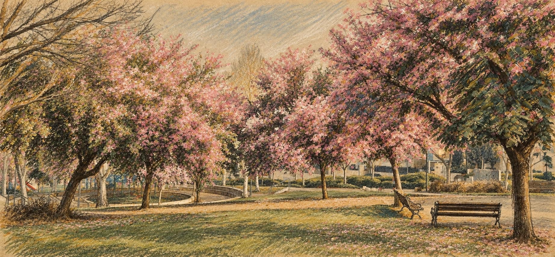 Courtroom-sketch editorial illustration of flowering trees, grass, paths and empty benches in an archival March 2024 Modiin municipal park on Emek Beit Shean Avenue; contextual city view.