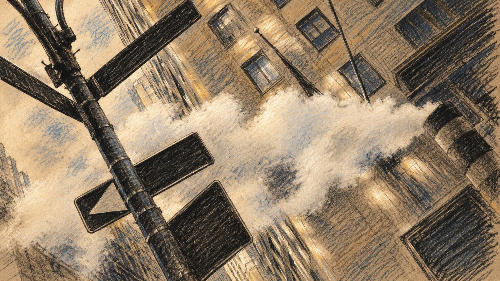 Courtroom-sketch editorial illustration of a Wall Street lamppost and street signs among tall buildings, with steam from street works. Archival February 2005 New York financial-market context; it does not depict the October 2026 trading session or monday.com offices.