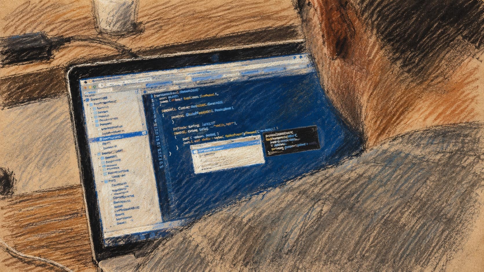 Courtroom-sketch editorial illustration of a person working on code at a laptop, adapted from a 2016 contextual photograph; it does not depict the announced Tel Aviv meetup.