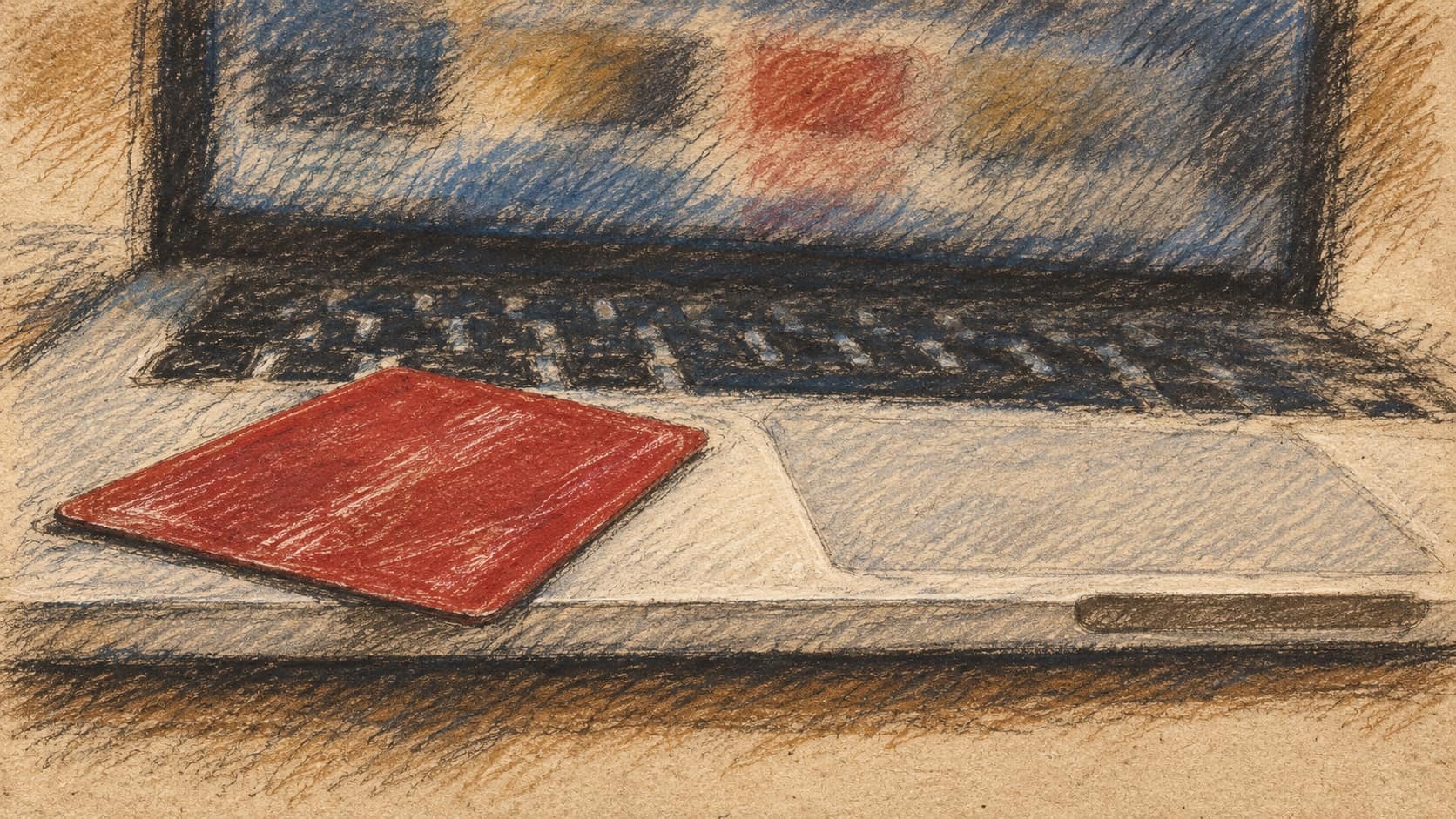 Courtroom-sketch editorial illustration of a payment card on an open laptop, used as contextual imagery for subscription billing