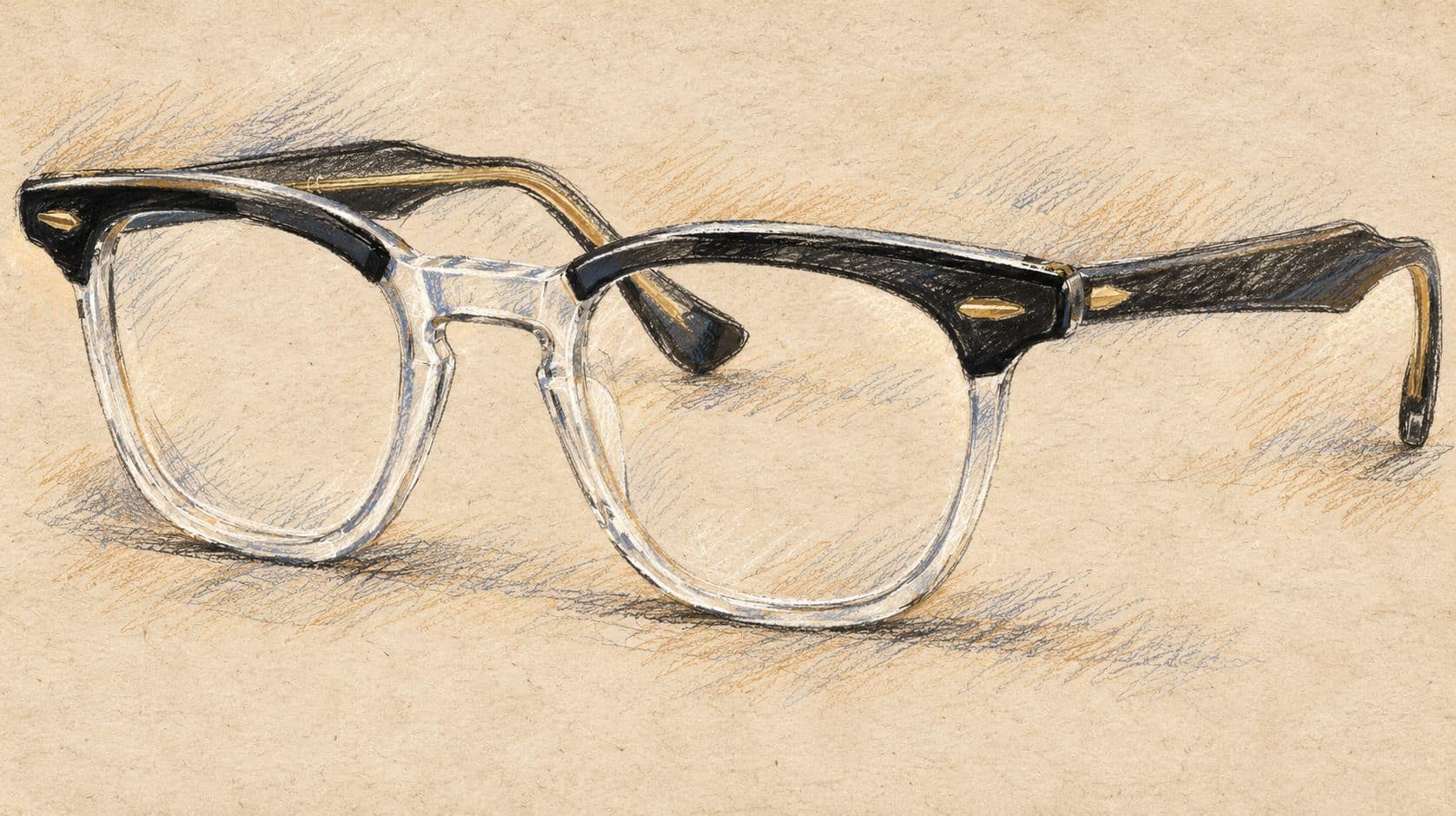 Courtroom-sketch editorial illustration of ordinary clear-lens eyeglasses with black upper rims; contextual eyewear from an archival reference, not the Meta smart-glasses models or the announced Israeli launch.