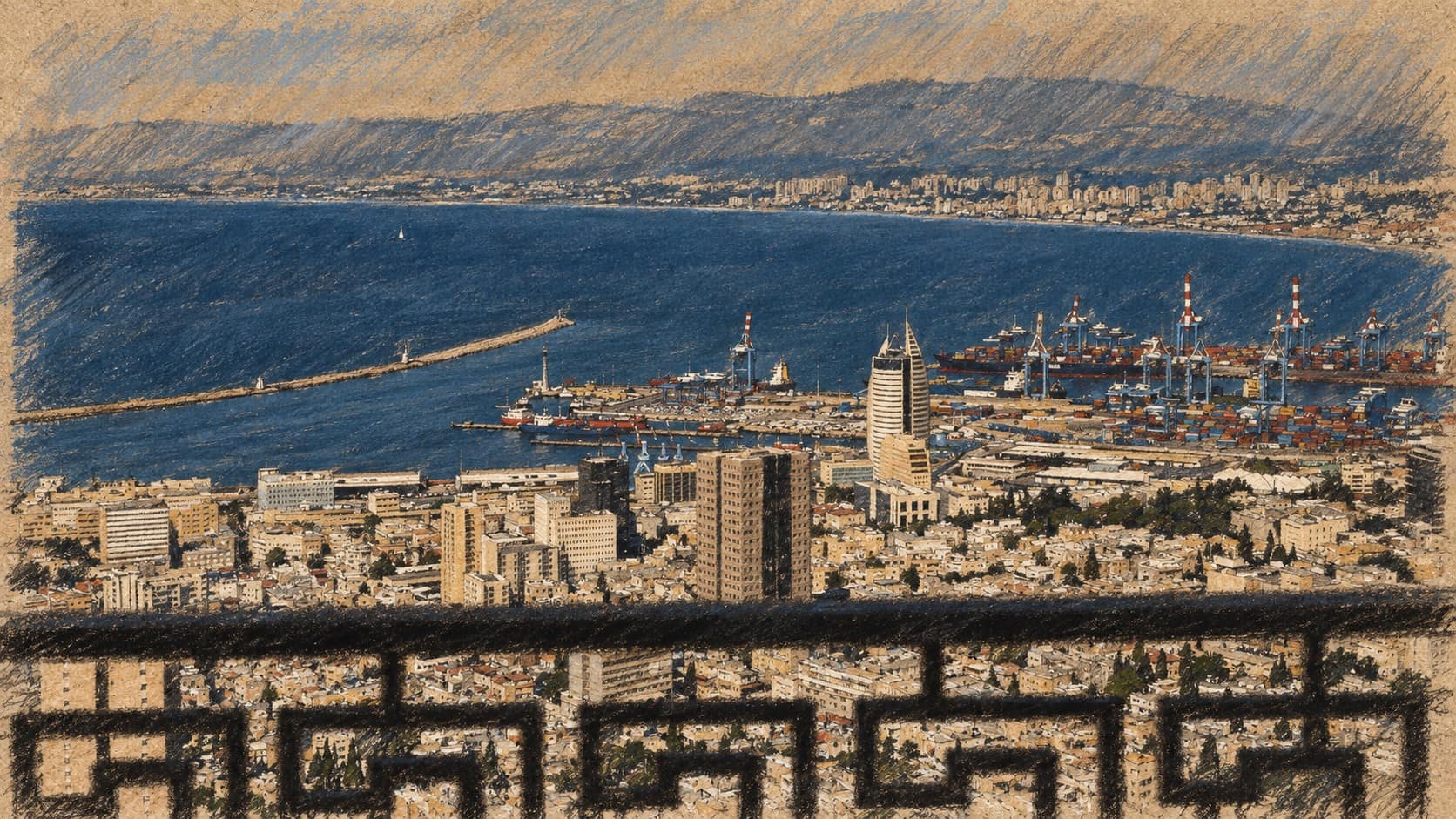 Courtroom-sketch editorial illustration of an archival Haifa harbour and city panorama, used as context; it does not depict the police encounter or its subjects