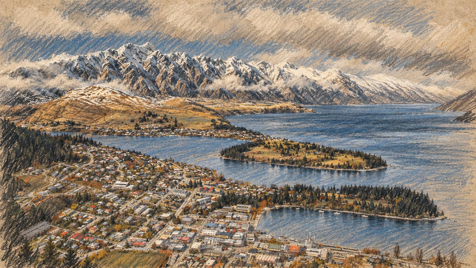 Courtroom-sketch editorial illustration of an archival 2008 elevated view of Queenstown buildings beside Lake Wakatipu, wooded peninsulas and snowy mountains; geographic context for the proposed transport project, rendered in warm ochre and slate-blue pastel strokes.