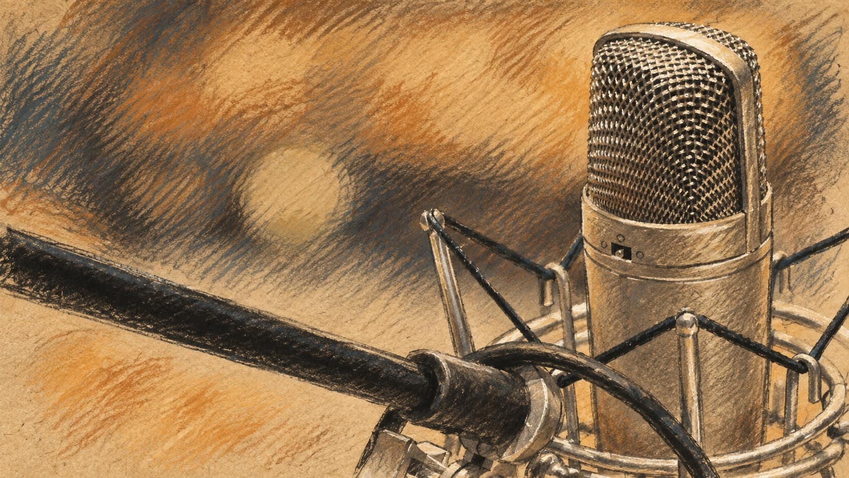 Courtroom-sketch editorial illustration of a silver microphone in a shock mount, based on a 2012 object photograph. Contextual imagery for the lecture programme; it does not depict Cafe Havaya, its Rehovot venue or a scheduled session.