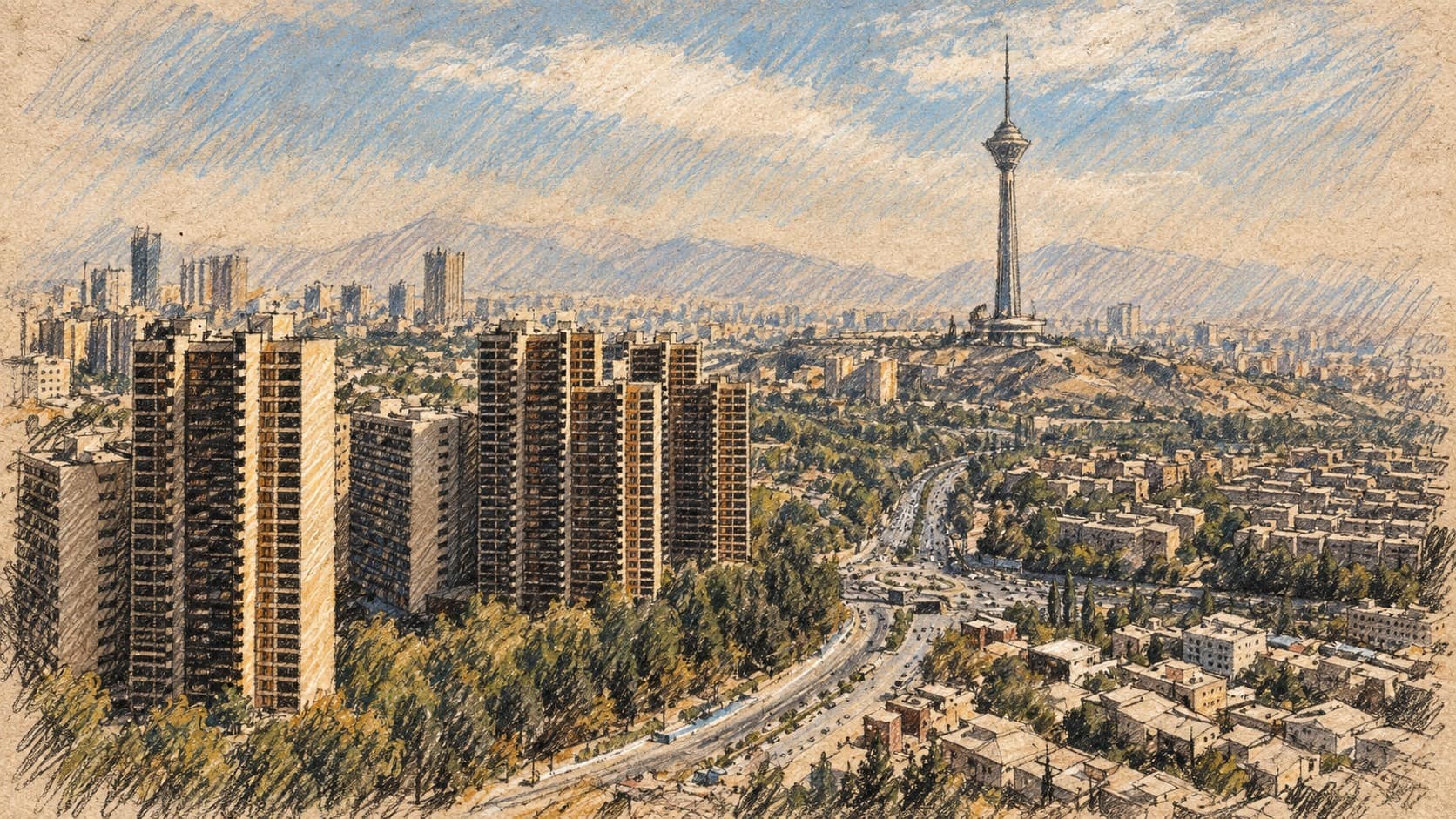 Courtroom-sketch editorial illustration of an archival Tehran city skyline with apartment towers, a curving boulevard and Milad Tower, providing regional context rather than depicting the Minzadayi compound or its renewed activity.