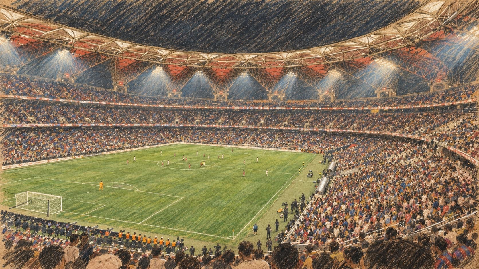 Courtroom-sketch editorial illustration of an archival January 2026 interior view of Alinma Stadium at King Abdullah Sports City in Jeddah, with a football pitch, distant players, packed stands and the illuminated curved roof; venue context, not a depiction of the October 2026 Gulf Cup final, rendered in warm ochre and slate-blue pastel strokes.