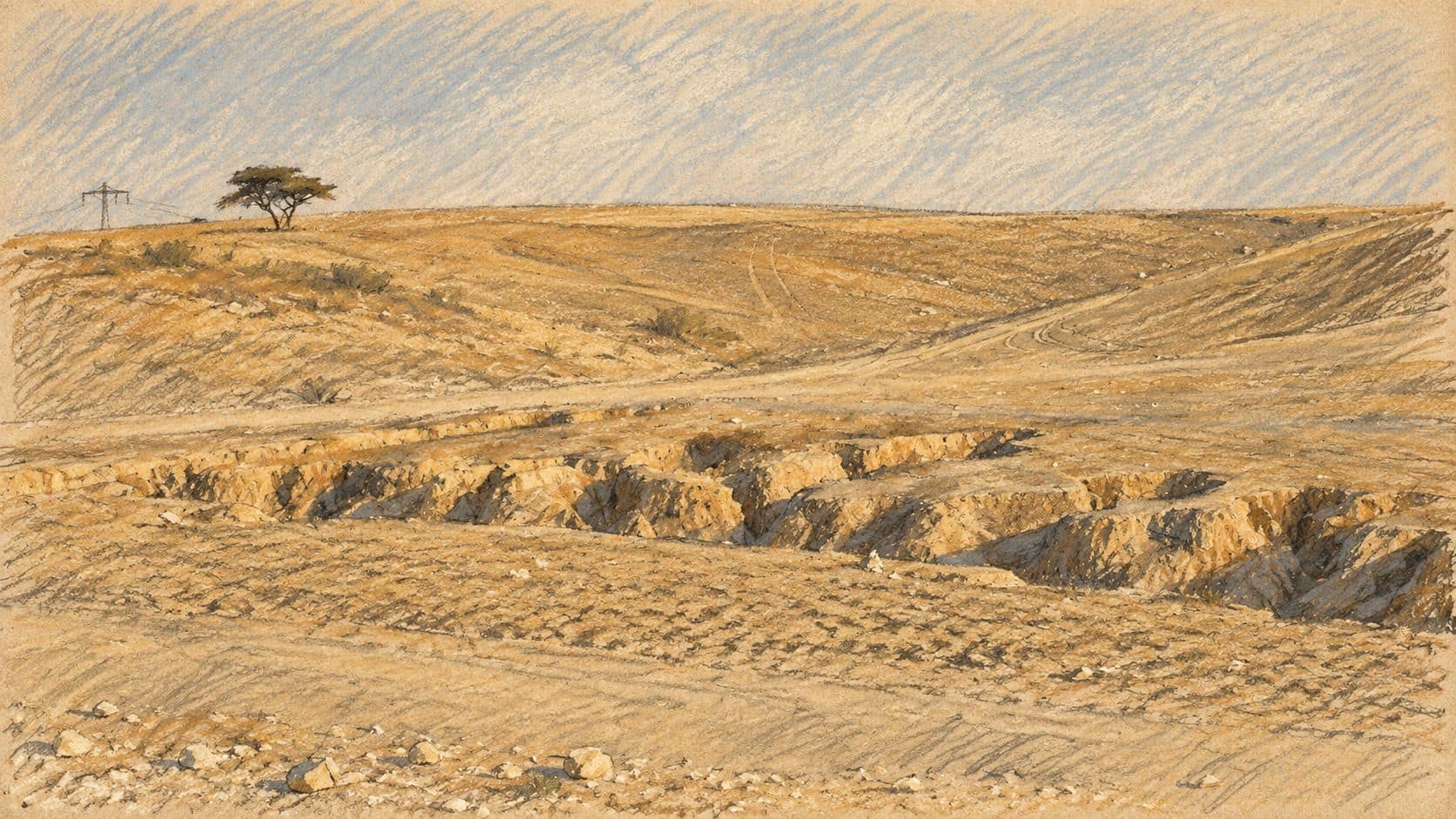 Courtroom-sketch editorial illustration of a dry wadi and rolling loess hills in the northern Negev, based on an archival 2010 landscape photograph; geographical context for protecting Negev residents, not a depiction of Yaniv Asor’s speech or the Eshkol memorial ceremony.