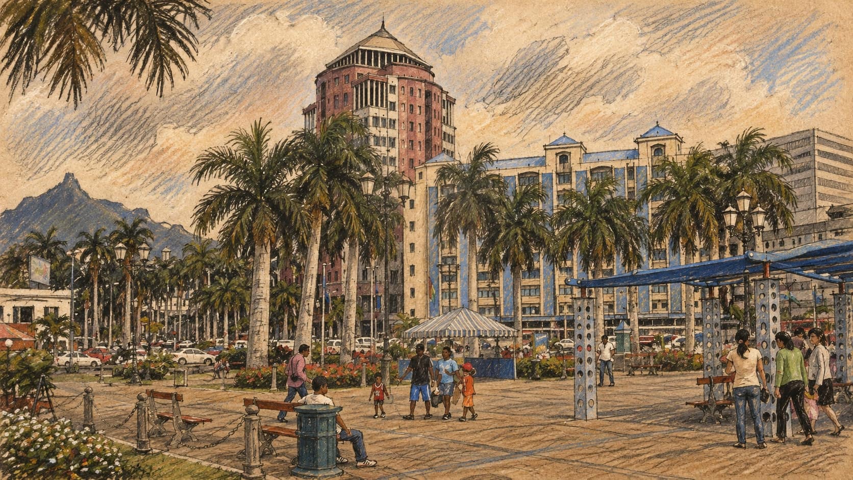 Courtroom-sketch editorial illustration of an archival 2006 Port Louis plaza with pedestrians, palm trees, multistory buildings and a mountain in the distance; geographic context for the AfCRA headquarters in Mauritius, not the October 2026 launch ceremony, rendered in warm ochre and slate-blue pastel strokes.