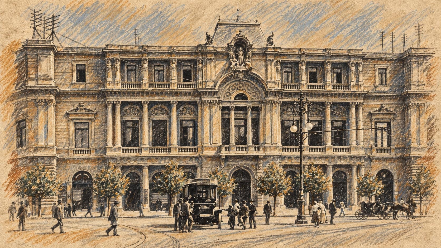 Courtroom-sketch editorial illustration of an archival 1908–1919 view of the Buenos Aires stock exchange building, with pedestrians, street trees and historic vehicles in the foreground; contextual artwork, not a depiction of October 2026 trading, rendered in warm ochre and slate-blue pastel strokes.